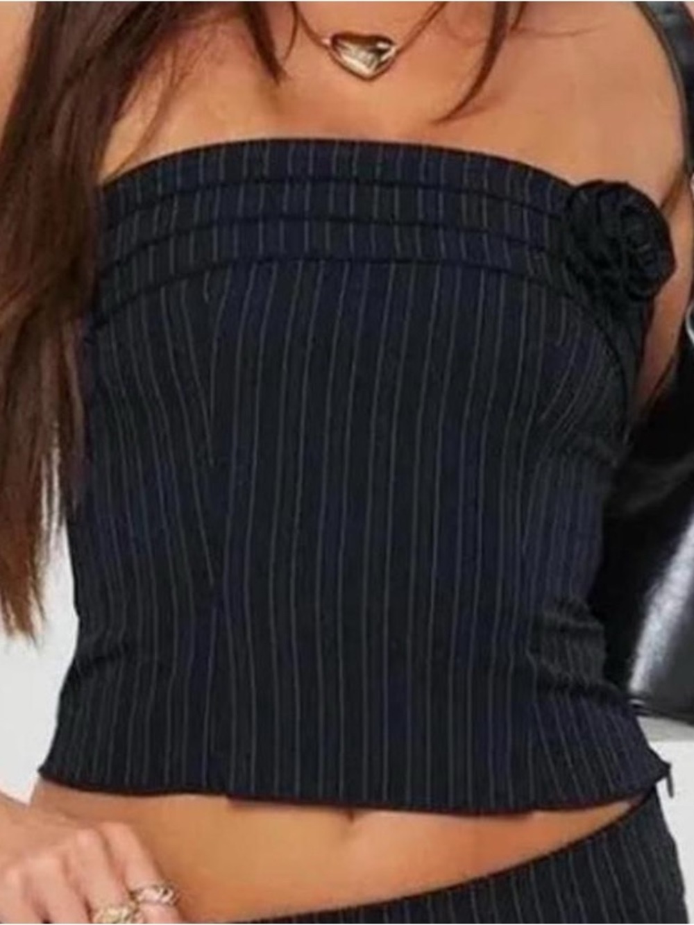 Motel Rocks Evodia Rosette Navy Pinstripe Tube Top Size M NWT!